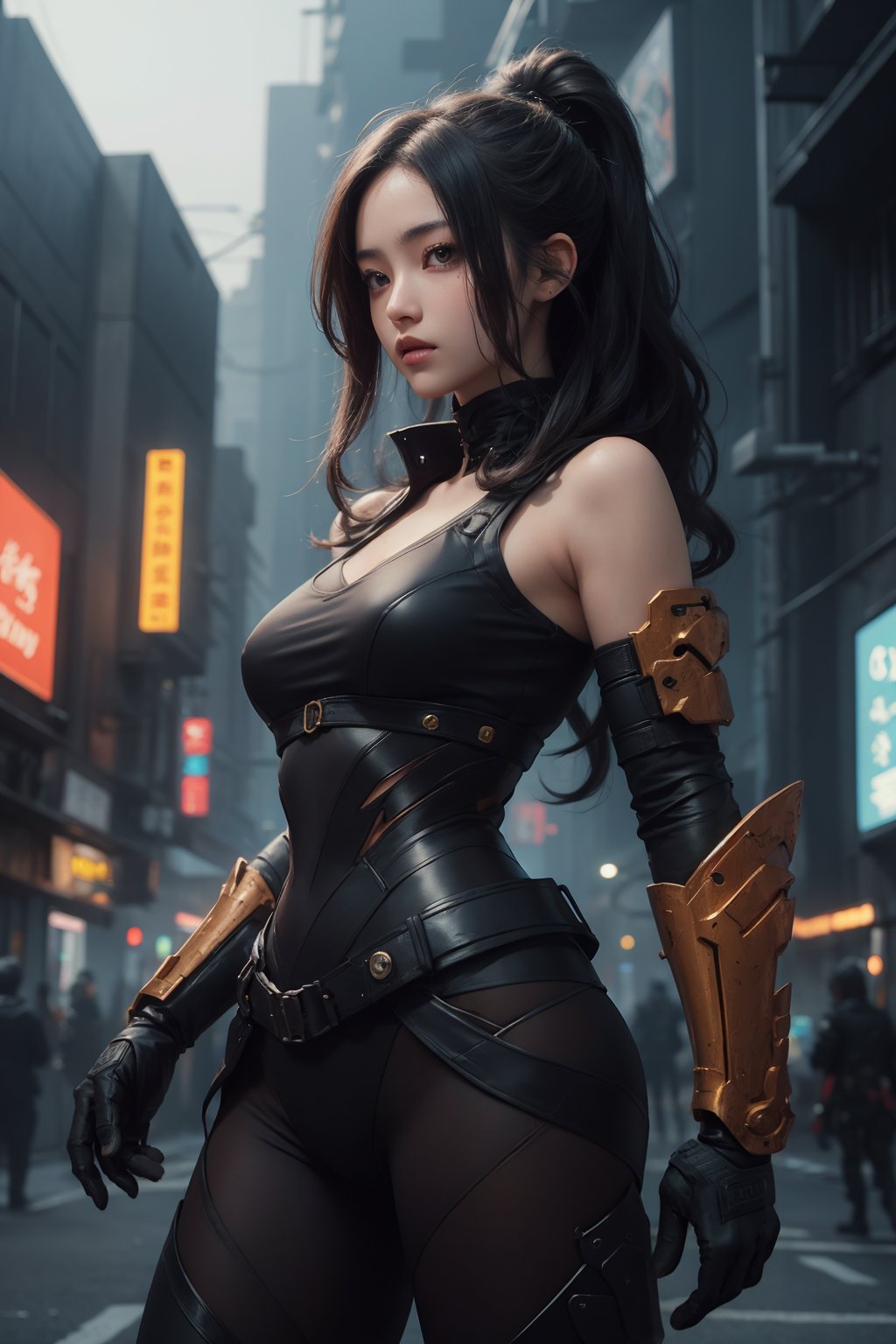 (masterpiece)In autumn, a super beautiful Japanese 18-year-old kunoichi with medium wavy hair, brown, ninja open clothes, sleeveless , sexy and attractive, black armors, surrealism, chiaroscuro, movie lights , Lens Flare, From Outside, Ultra HD,cyberpunk , Textured Skin, High Detail, High Resolution, cbpkv5