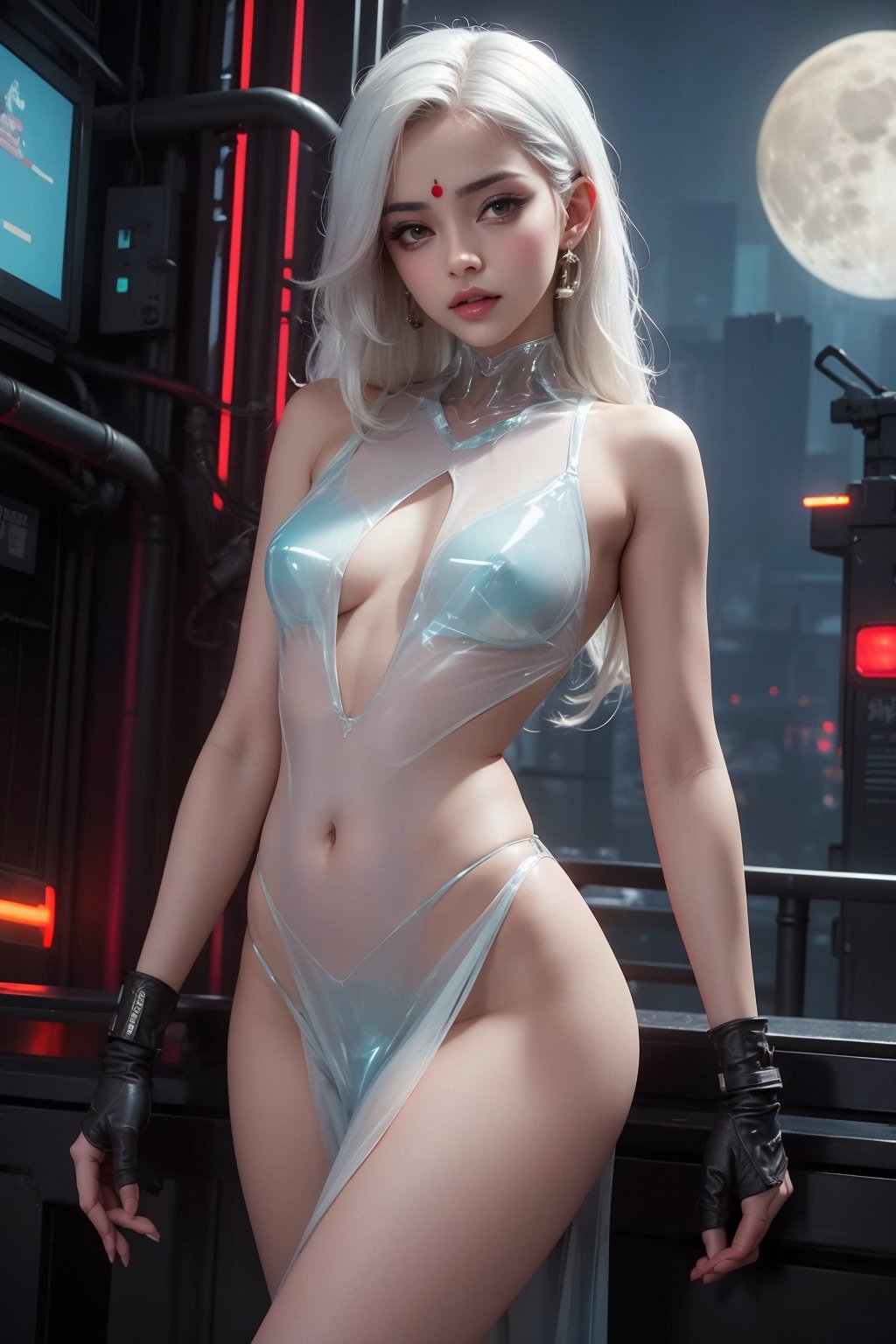 Sexy Pose, (masterpiece+best quality),(solo), 1 I Indian beauty, white hair ,  (high sexual attraction,long hair), in the dark night, (wearing sexy transparent Indian dress + body implants) , moon , highly detailed background of ancient Indian achitechture+with neon lights ,ink,Cyberpunk,Enhance, Indian Culture 