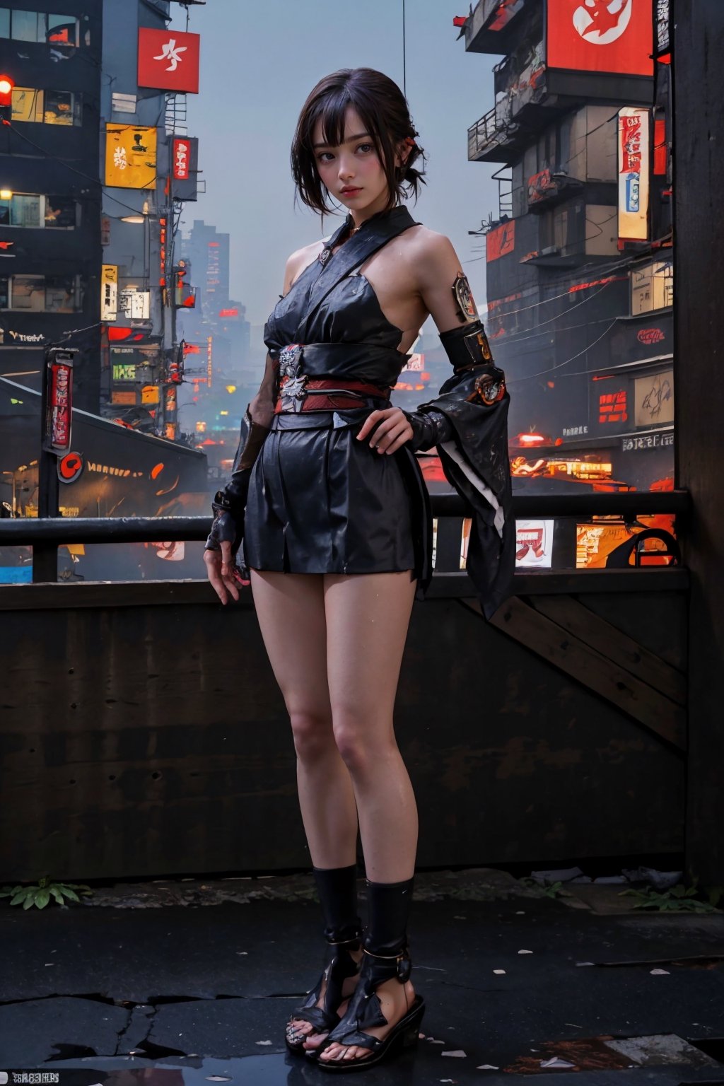 ( 1 sexy Japanese shinobi, full body, legs opened :1.2) (autumn, snowing), wet ,(revealing shinobi costume, cyberpunk :1.2), dim light, muted color, (ultra detailed background of a ancient Japanese buildings), harmonious composition, epic art work, Hashimoto Kanna, Cyberpunk style