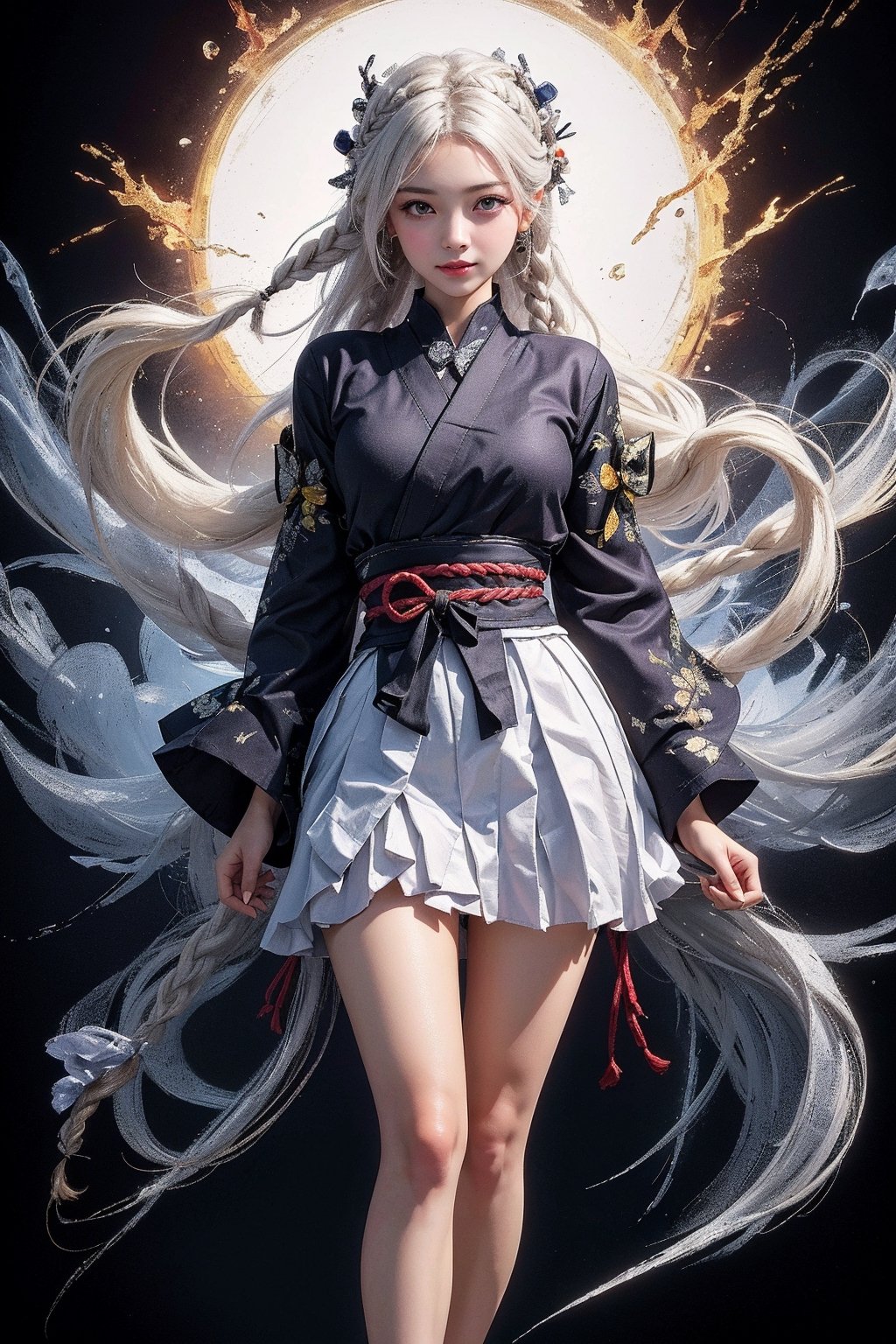 masterpiece, best quality, ultra realistic illustration, 16K, (HDR), high resolution, female_solo, (white long hair+braids:1.3) , slender hot body proportion , smiling at viewer, 1 Japanese girl with blue eyes , holding 1 machinegun , ( magical atmosphere:1.0), (wearing a loose cropped decorated kimono haori+bow tie+pleated black mini skirt+stockings skirt+shoes:1.1), full-body shot, (legs opened+showing black panty) , (highly detailed background of ancient Japan buildings with cyberpunk style:1.1),(snow+frost+cold winds:1.0),winds, raindrops, snows, soft lights, dark night, light add More Detail, Color magic,perfect fingers, girl, samurai, a traditional Japanese art, girl, snow, snow crystal 