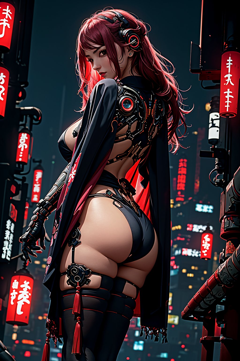 (legs opened, red long hair) masterpiece, best quality, high resolution,  female_solo , (1 sexy revealing kunoichi with perfect slender body proportion), (highly detailed beautifully colored warrior onepiece costume) , (detailed kimono obi with tassels and patterns) , (black stockings) , (pink and purple lightings in the dark night) , (full length body+Dutch angle shot), (sexy pose),  (highly detailed background of ancient Japanese achitechture + cyberpunk buildings) ,Cyberpunk,A Traditional Japanese Art,Sexy Pose,perfect fingers, cyberpunk style