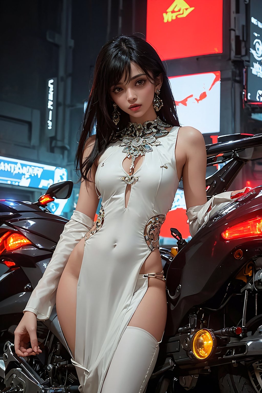 Sexy Pose on a motorcycle , (masterpiece+best quality),(solo), 1 Indian beauty, white hair ,  (high sexual attraction,long hair), in the dark night, (sexy Indian dress kurti+body implants) ,(highly detailed background of ancient Indian achitechture with neon lights) ,Cyberpunk,Enhance, Indian Culture 