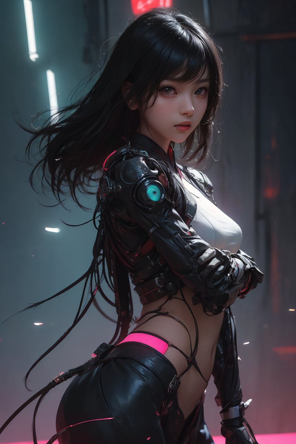 Sexy Pose , (masterpiece),(solo), 1 Japanese beauty, white long hair , high sexual attraction, in the dark night, (sexy Chinese Hanfu+body implants) ,(highly detailed background of ancient Indian achitechture with neon lights) ,Cyberpunk,Enhance,  Chinese fantasy art