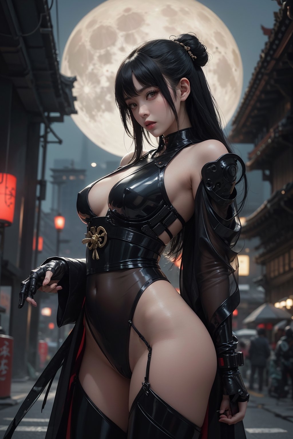 Sexy Pose, (masterpiece+best quality),(solo), 1 kunoichi, white hair ,  (high sexual attraction,long hair),low profile in the dark night, (wearing sexy black transparent plastic warrior kimono+body implants) , (1moon in the sky) , (highly detailed background of ancient Japanese culture achitechture+cyberpunk buildings with nuclear explosion) ,ink,Cyberpunk,A Traditional Japanese Art,Enhance