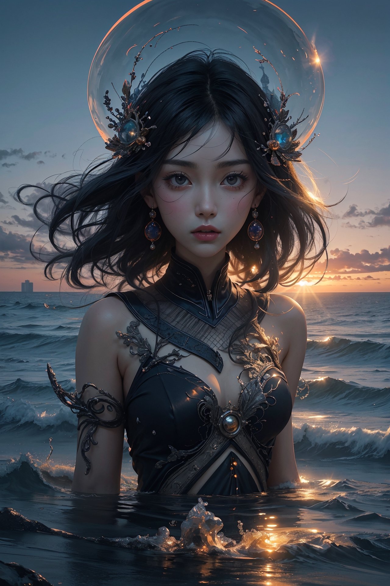 (double exposure art of a black hair young Taiwanese goddess of Ocean and city scape:1.2) , masterpiece, best quality, (HDR), (muted color, soothing tones, dim color), (nude ,16 years-old, small round face) , solo, looking at viewers, ((full-body)) ,student uniform , ((in a colorul dusk)) , perfect anatomy , surreal fantasy , Epic Art , color magic