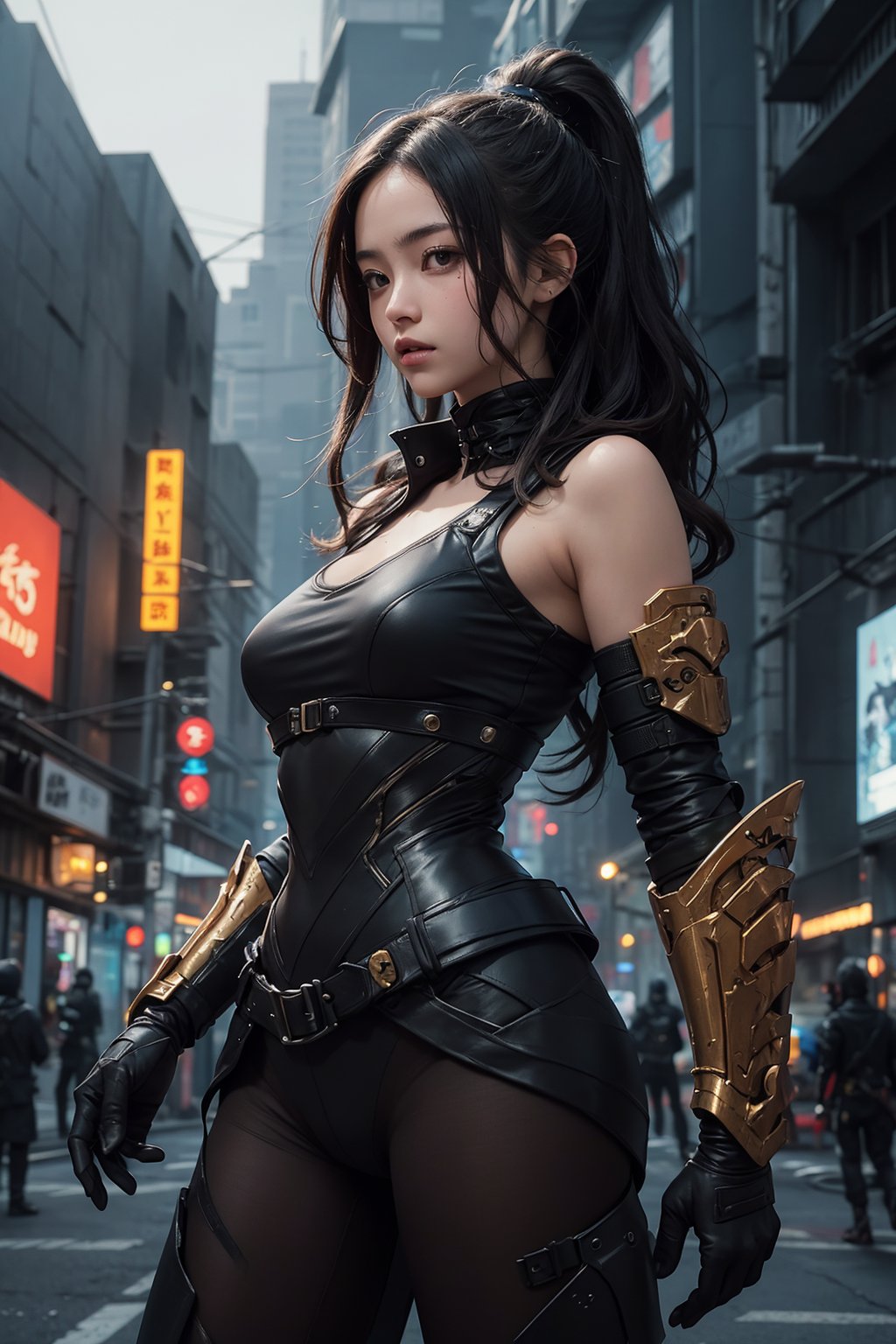 (masterpiece)In autumn, a super beautiful Japanese 18-year-old kunoichi with medium wavy hair, brown, ninja open clothes, sleeveless , sexy and attractive, black armors, surrealism, chiaroscuro, movie lights , Lens Flare, From Outside, Ultra HD,cyberpunk , Textured Skin, High Detail, High Resolution, cbpkv5