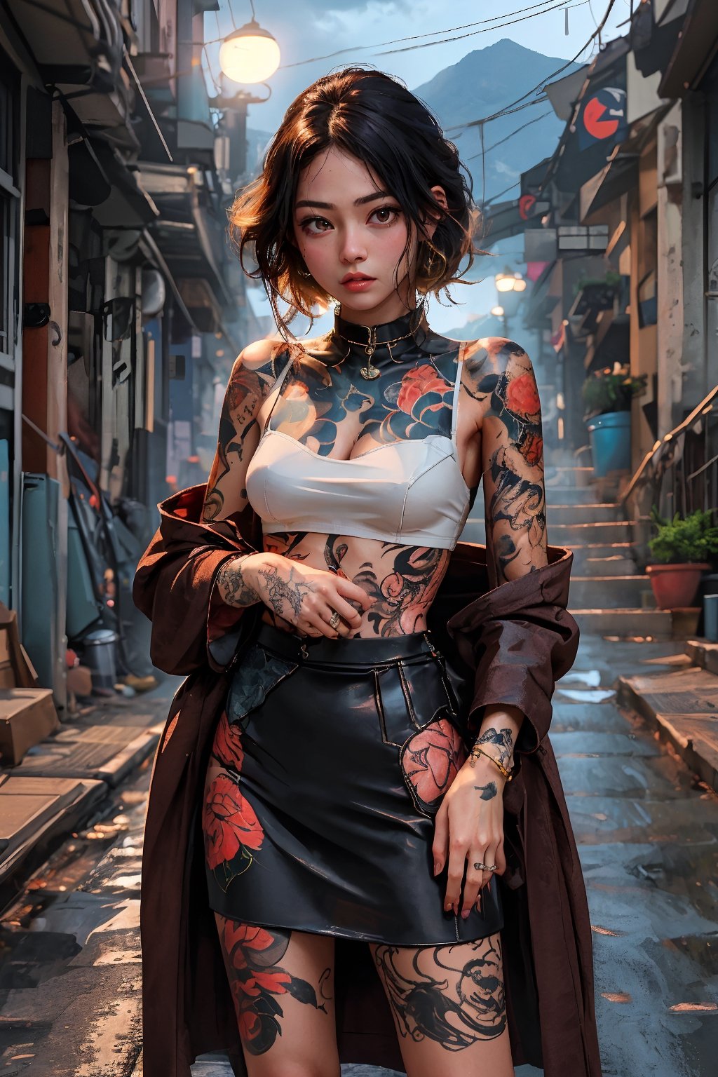 masterpiece, best quality, (90's Japanese pop art), 16K, (HDR) , (muted color, soothing tones, dim color:1.0), female_solo , (pink bob cut hair) , (1 sexy Japanese Yakuza girl with medium breasts) , (wearing black loose cropped-coat+black bras+mini leather skirt+ white socks,+Dr.Martens boots),(highly detailed yakuza tattoos), ((random sexy pose+looking at viewers)), ((at nighttime)) (detailed Hong Kong streets views background), (perfect anatomy , perfect fingers)  , sexy pose, YakuzaTattoo , Night scene,Enhance