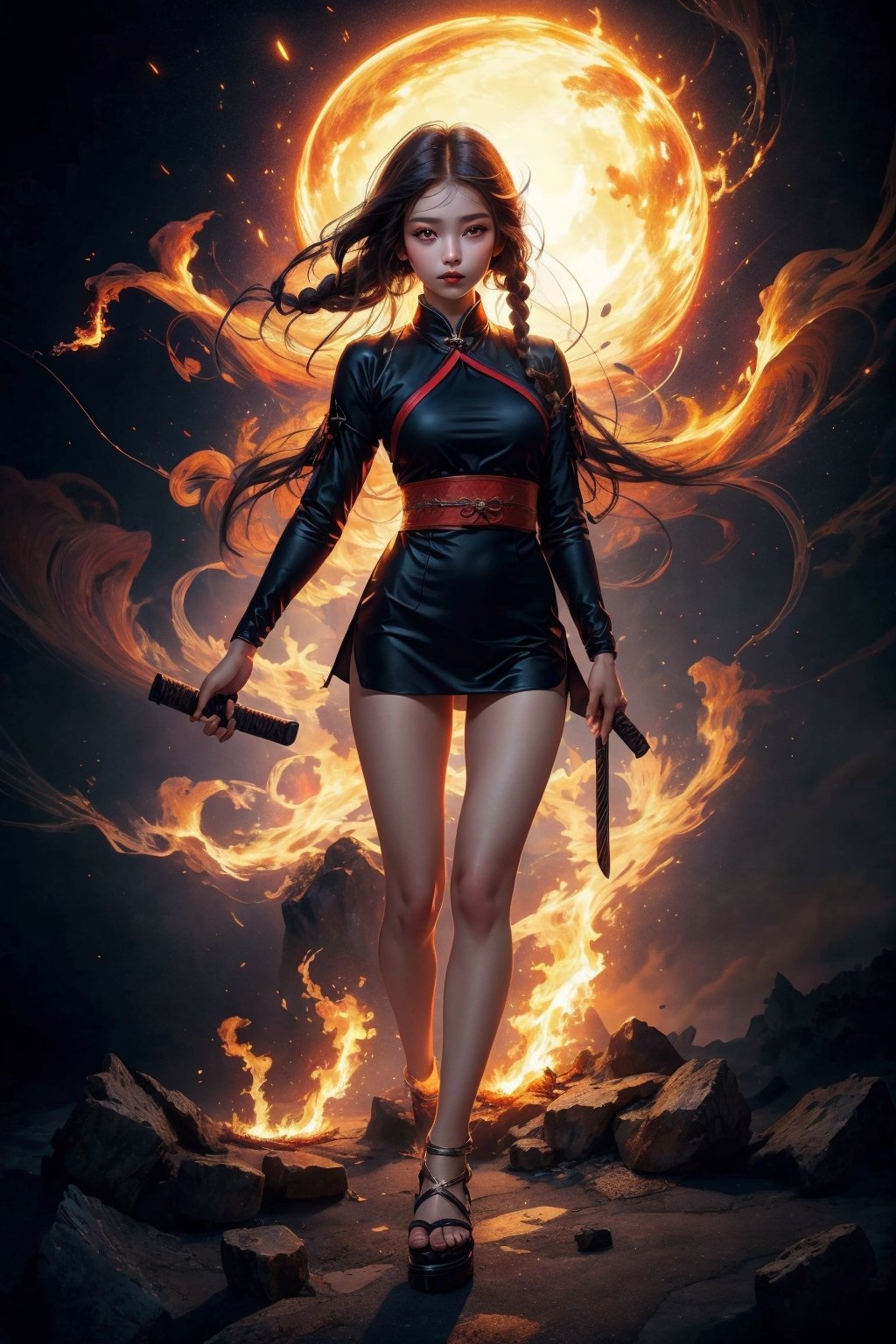 masterpiece, best quality, ultra realistic illustration, 16K, (HDR), high resolution, female_solo , slender hot body proportion with small breasts , looking at viewer, (1 Japanese ancient kunoichi has white long hair with braids:1.3), (holding a fire with two hands:1.0) , (magical atmosphere:0.9), (wearing a detailed one-piece kunoichi ninja costume with decorated obi:1.0), full-body shot, (flying in the air) , (highly detailed background of ancient Japan buildings:1.2) , (fire+flames around the hands:1.0), winds, soft lights, dark night, add More Detail, Color magic,perfect fingers , a traditional Japanese art, girl,  fire element, ghost nocturnal