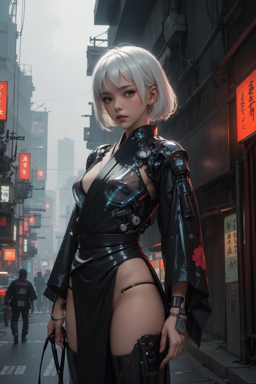 Sexy, (masterpiece+best quality),(solo), 1 kunoichi, ((white hair)), in the dark night, (black transparent plastic warrior kimono+body implants), (highly detailed background of ancient Japanese achitechture+cyberpunk buildings+nuclear explosion),Cyberpunk,A Traditional Japanese Art,Enhance