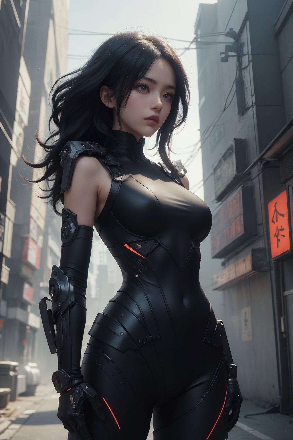 (masterpiece)In autumn, a super beautiful Japanese 18-year-old kunoichi with medium wavy hair, white, ninja open clothes, sleeveless , sexy and attractive, black armors, surrealism, chiaroscuro, colorful movie lights , Lens Flare, From Outside, Ultra HD,cyberpunk , Textured Skin, High Detail, High Resolution, cbpkv5