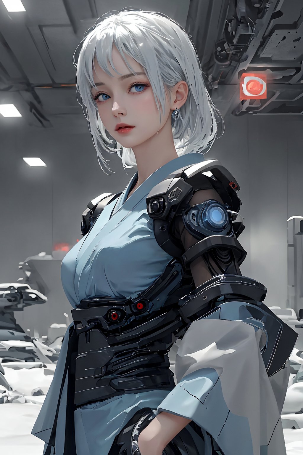 Best picture quality, high resolution, 8k, realistic, sharp focus, realistic image of elegant lady, Japanese beauty, supermodel, pure white hair, blue eyes, wearing high-tech cyberpunk style blue kimono , radiant Glow, ice theme, custom design, 1 girl,swordup, looking at viewer,JeeSoo 