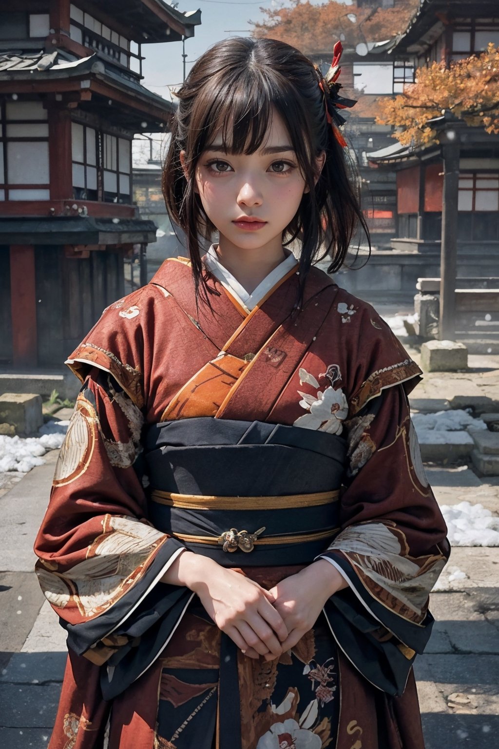 ( 1 sexy Japanese Kunoichi:1.2) (autumn, snowing), wet ,(revealing warrior costume:1.2), dim light, muted color,Impressionism, (ultra detailed background of a ancient Japanese buildings), harmonious composition, epic art work, Hashimoto Kanna, Cyberpunk style