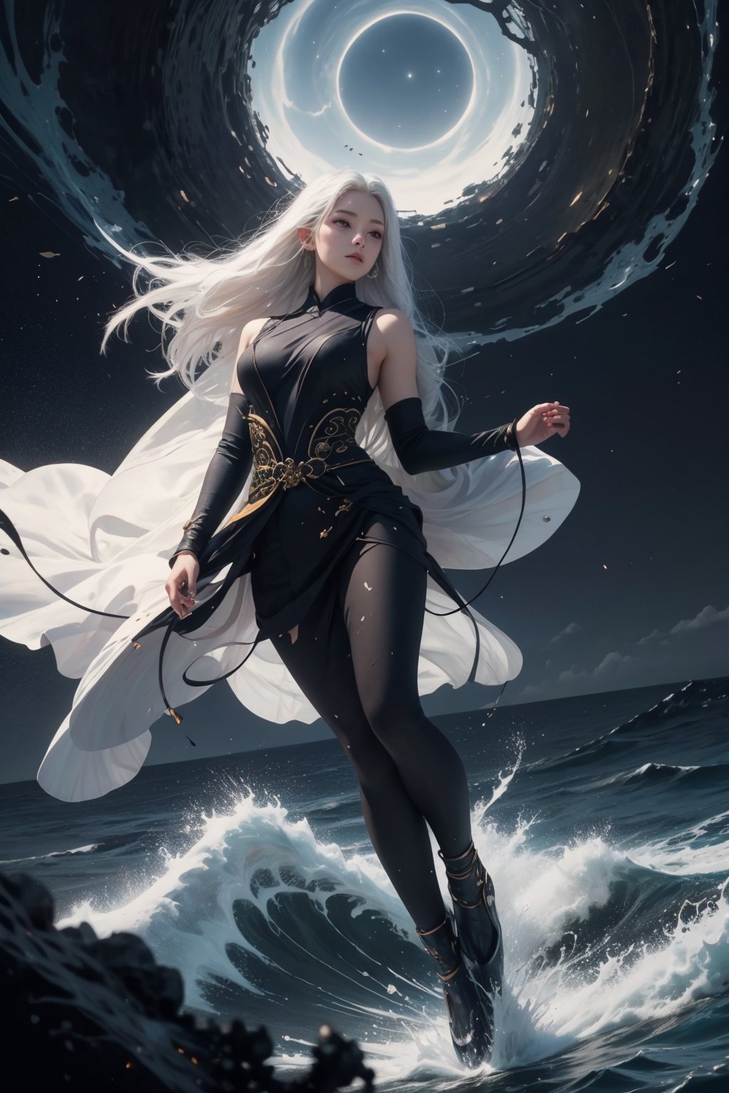 masterpiece , (muted color, dim color , soothing tone)  , full-body ,  (anti-gravity , levitating , flying:1.1)  , (1 sexy Japanese goddess of thunder with white hair) , (highly detailed traditional sleeveless kimono) , looking at viewers, in the dark night, (ultra detailed background of ships , ocean, waves), surreal , (giant nuclear explosion on the ocean), enhance all ,fantasy, art, High detailed,