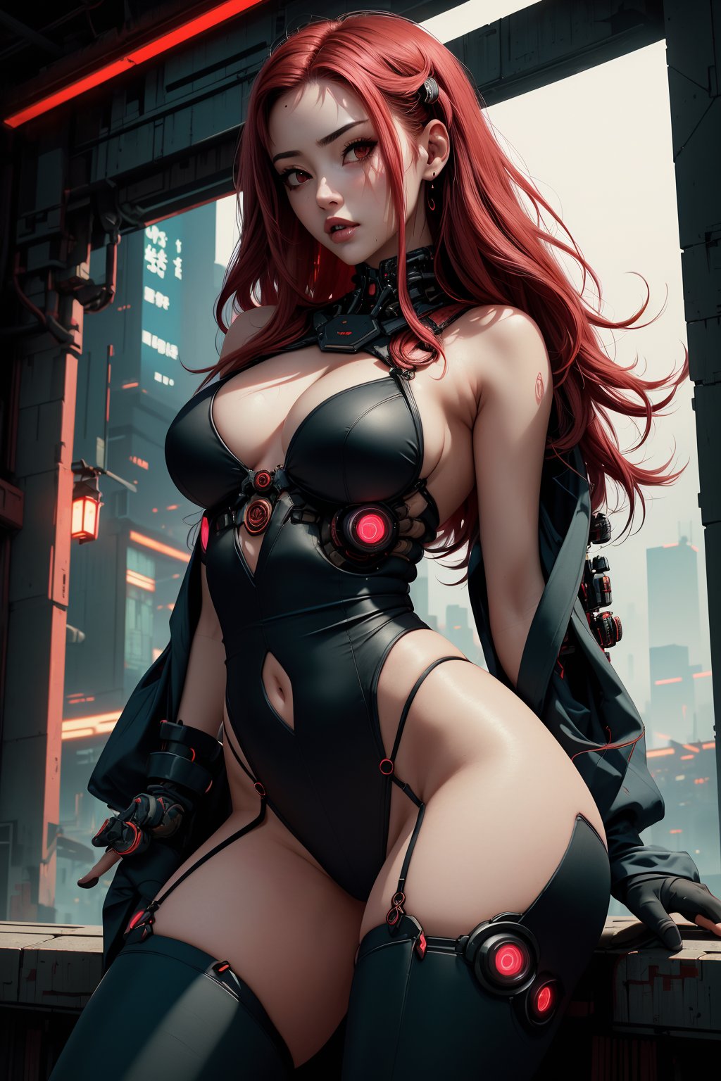 (legs opened, red long hair) masterpiece, best quality, high resolution,  female_solo , (1 sexy revealing kunoichi with perfect slender body proportion), (highly detailed beautifully colored warrior onepiece costume) , (detailed kimono obi with tassels and patterns) , (black stockings) , (pink and purple lightings in the dark night) , (full length body+Dutch angle shot), (sexy pose),  (highly detailed background of ancient Japanese achitechture + cyberpunk buildings) ,Cyberpunk,A Traditional Japanese Art,Sexy Pose,perfect fingers, cyberpunk style