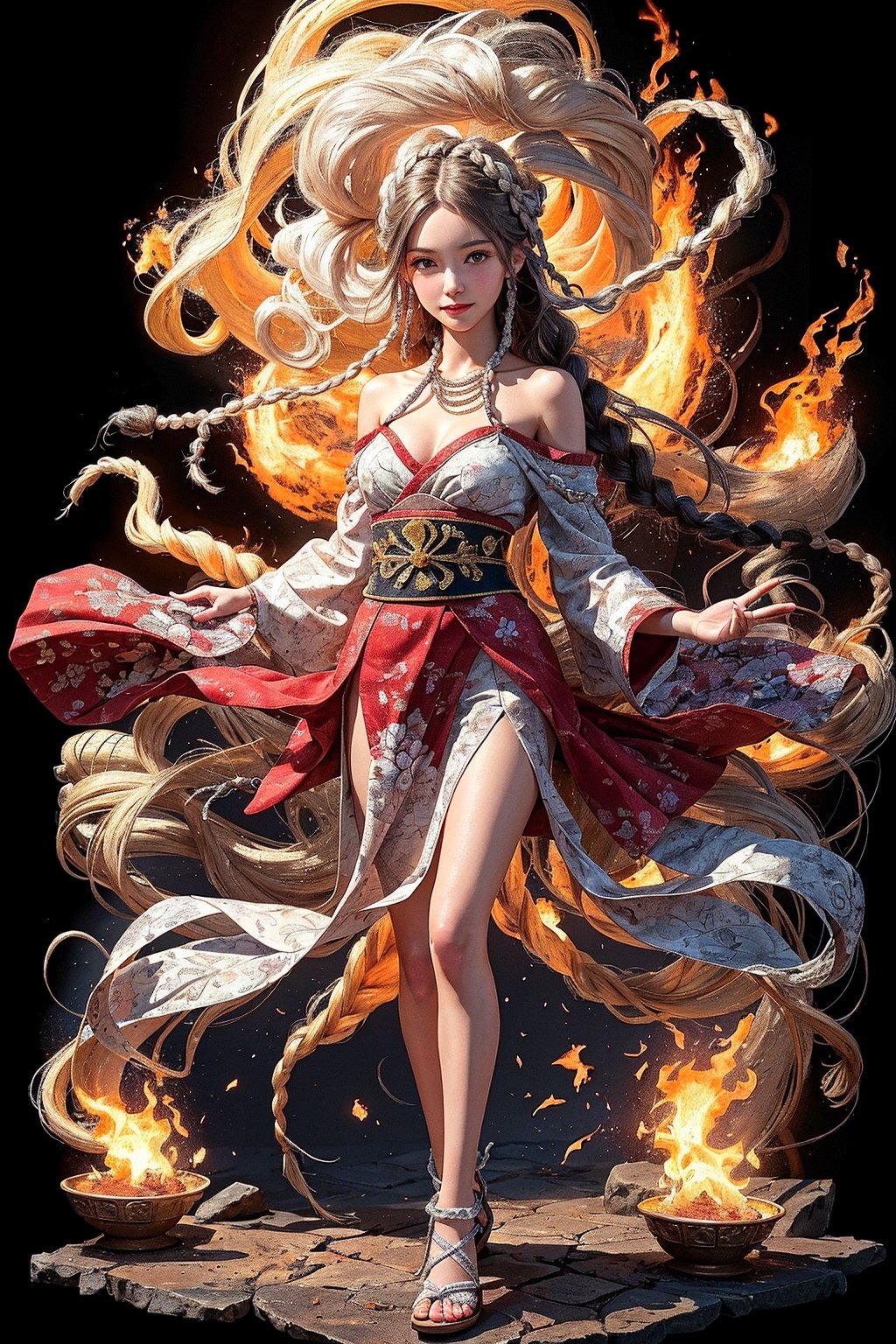 masterpiece, best quality, ultra realistic illustration, 16K, (HDR), high resolution, female_solo, (platinum long hair+braids:1.4) , slender hot body proportion with small breasts , smiling at viewer, 1 Japanese ancient goddess , (holding a fire ball with two hands:1.0) , (magical atmosphere:0.9), (wearing a long decorated white kimono haori+pleated red hakama skirt:1.0), full-body shot, (floating upon the ground) , (highly detailed background of ancient Japan buildings:1.2) , (fire+flames around the hands:1.0), winds, soft lights, dark night, add More Detail, Color magic,perfect fingers, Goddess , a traditional Japanese art, girl,  fire element