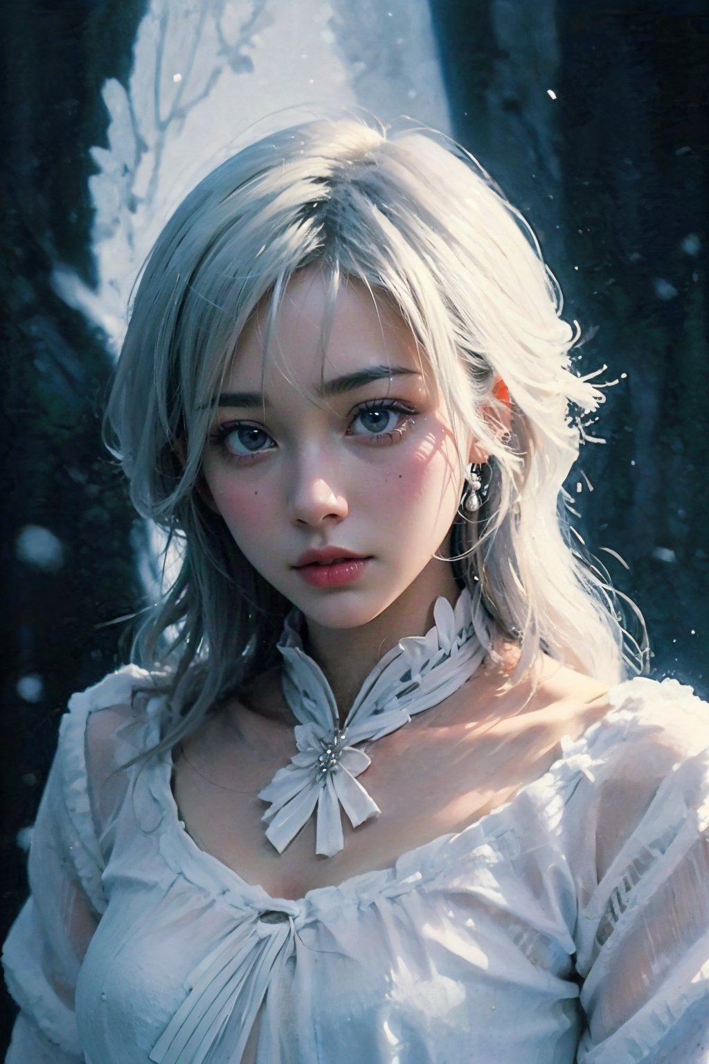 ((sorrow, sad expression)), (masterpiece),(1 elegant beautiful Hirosue Ryoko, white hair,closed mouth) ,looking at nowhere, dim light, muted color, (ultra detailed background of a completely snowy white), harmonious composition, epic art work, extremely long shot, HirosueRyoko