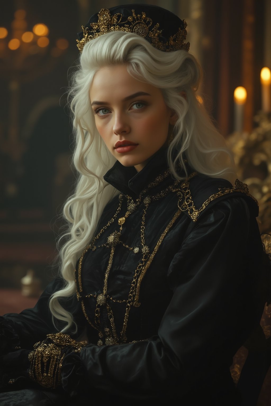 Elegantism, opulent scene, full portrait of a Victorian young teeanger, heroic, black clothes, gold trim, castle, head and shoulders portrait, 8k resolution. (masterpiece, top quality, best quality, official art, beautiful and aesthetic:1.2), (1girl:1.2), full body, pure white hair, portrait, extreme detailed, ,Leonardo Style,DonMF41ryW1ng5XL,1 girl, cyberpunk style, Midjourneyart 