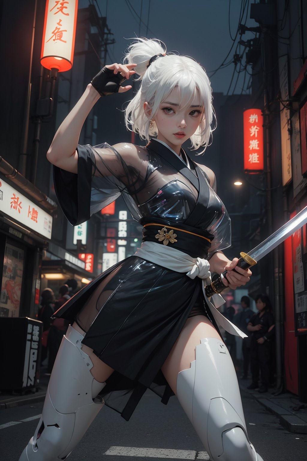 ((dynamic pose)), masterpiece, 1 kunoichi, muted color+soothing tones, ((white hair)), (black transparent plastic warrior kimono+body implants,holding a sword) ,(at night),Cyberpunk,A Traditional Japanese Art,Enhance