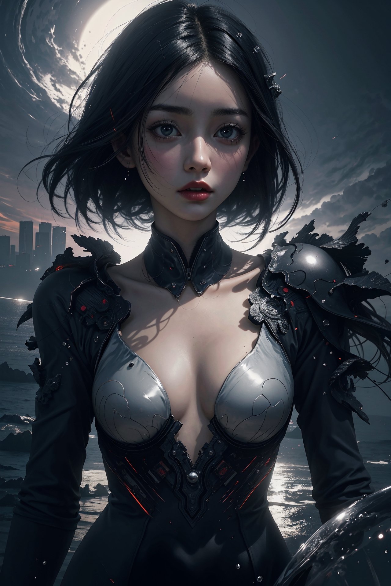 (double exposure art of a black hair young Taiwanese goddess of Ocean and city scape:1.2) , masterpiece, best quality, (HDR), (muted color, soothing tones, dim color), (nude ,16 years-old, small round face) , solo, looking at viewers, ((full-body)) , cyberpunk style,student uniform , ((in a colorul dusk)) , perfect anatomy , surreal fantasy , Epic Art , color magic