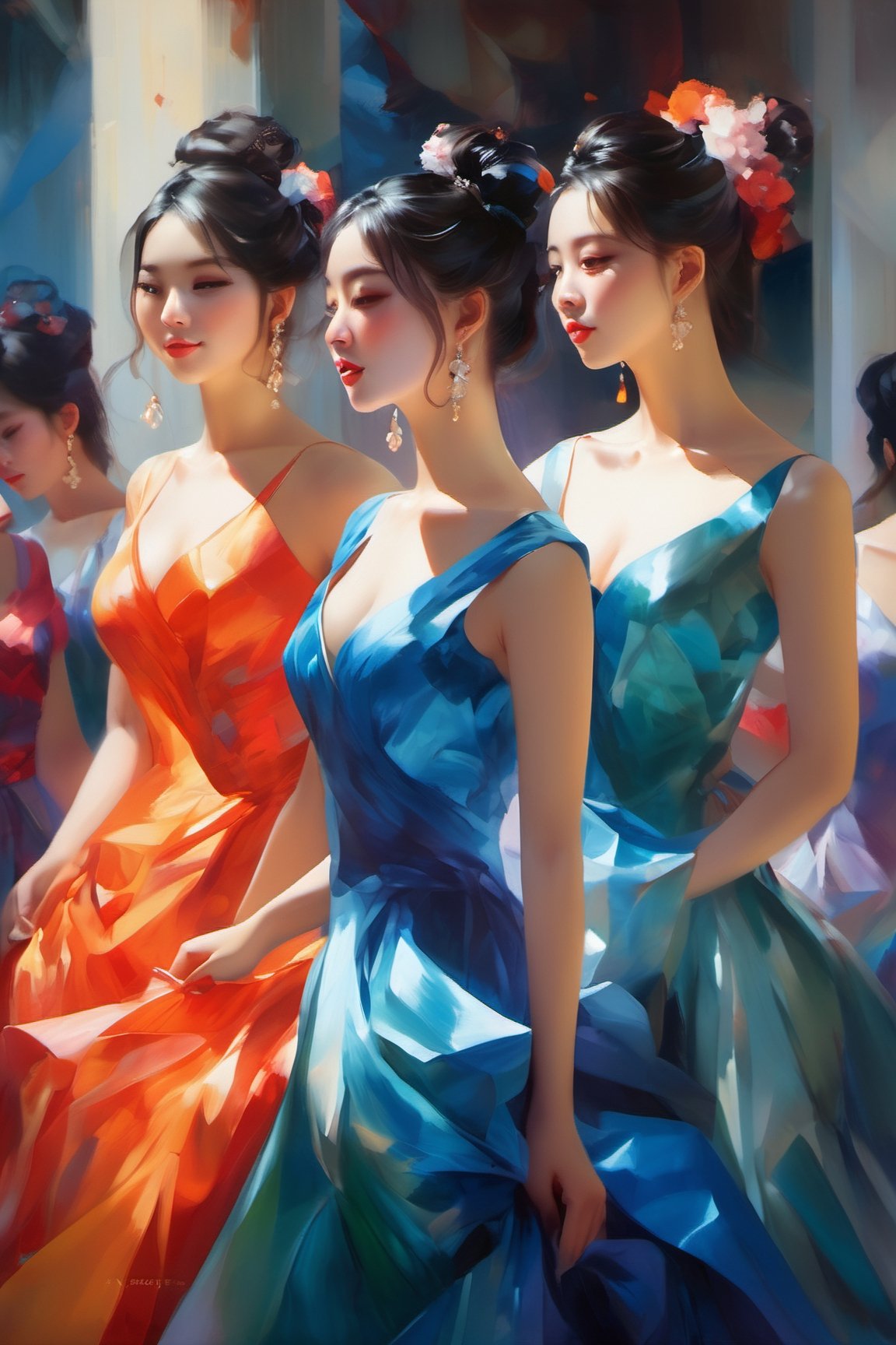 a painting of a group of women in dresses, a fine art painting, by Yanjun Cheng, tumblr, palace dance, andreas rocha style, exquisite and beautiful, oil painting without frame