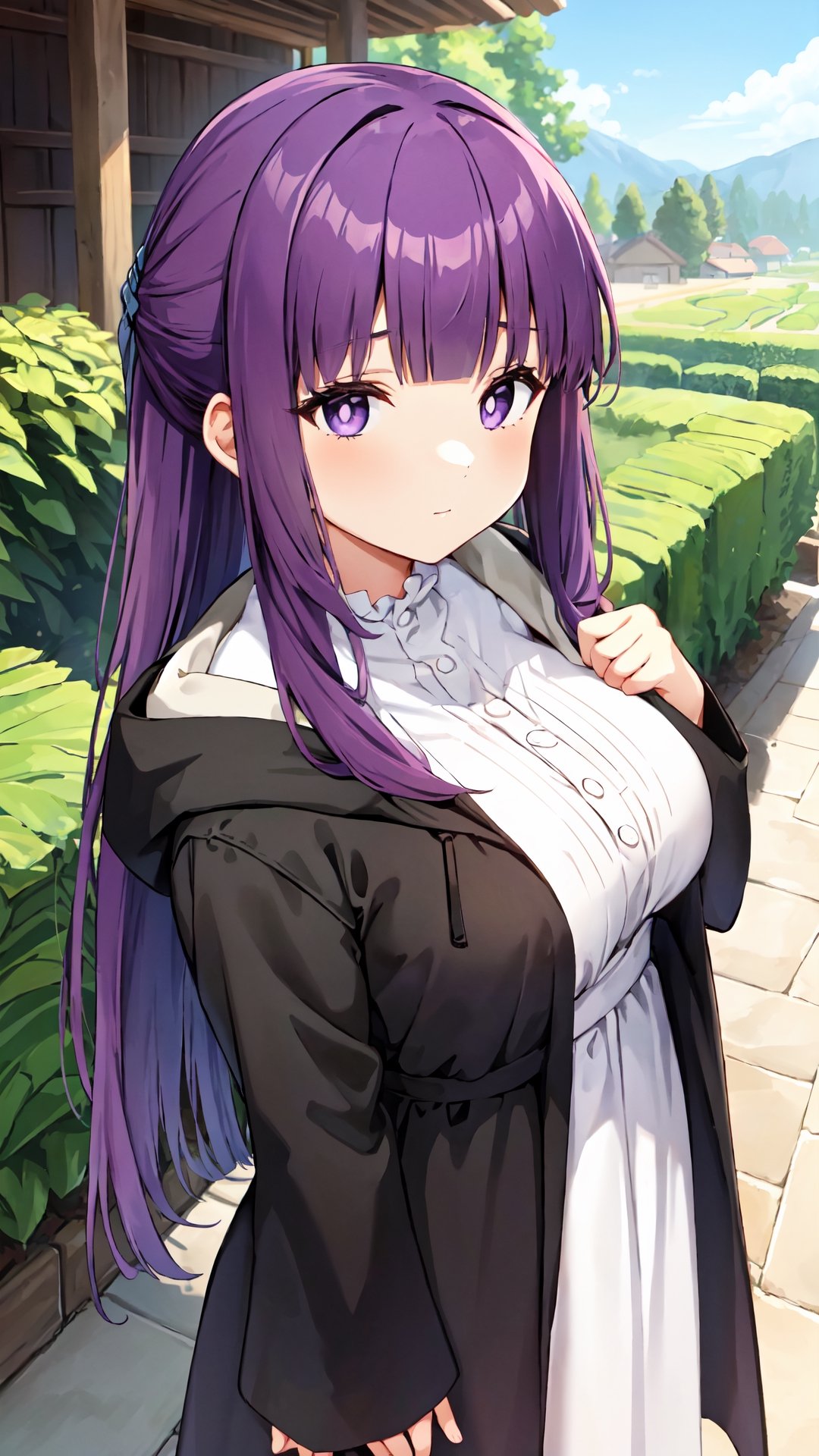 <Fern>
(1girl, solo, purple hair, long hair, purple eyes, blunt bangs, sidelocks, bright pupils),

<Clothes>
(frilled collar, black robe, black coat, white dress, center frills, buttons, wide sleeves, long sleeves, curvy, cowboy shot), 

<Scenery>
(outdoor),

<Pose>
(average breasts, looking at viewer),fern,aafern