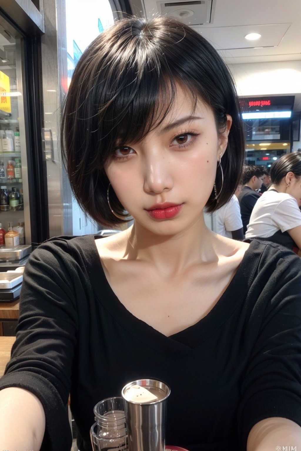 1girl, solo, looking at viewer, short hair, bangs, black hair, jewelry, closed mouth, upper body, earrings, blunt bangs, mole, english text, mole under eye, makeup, lipstick, portrait, eyeshadow, red lips
,Lily Feng