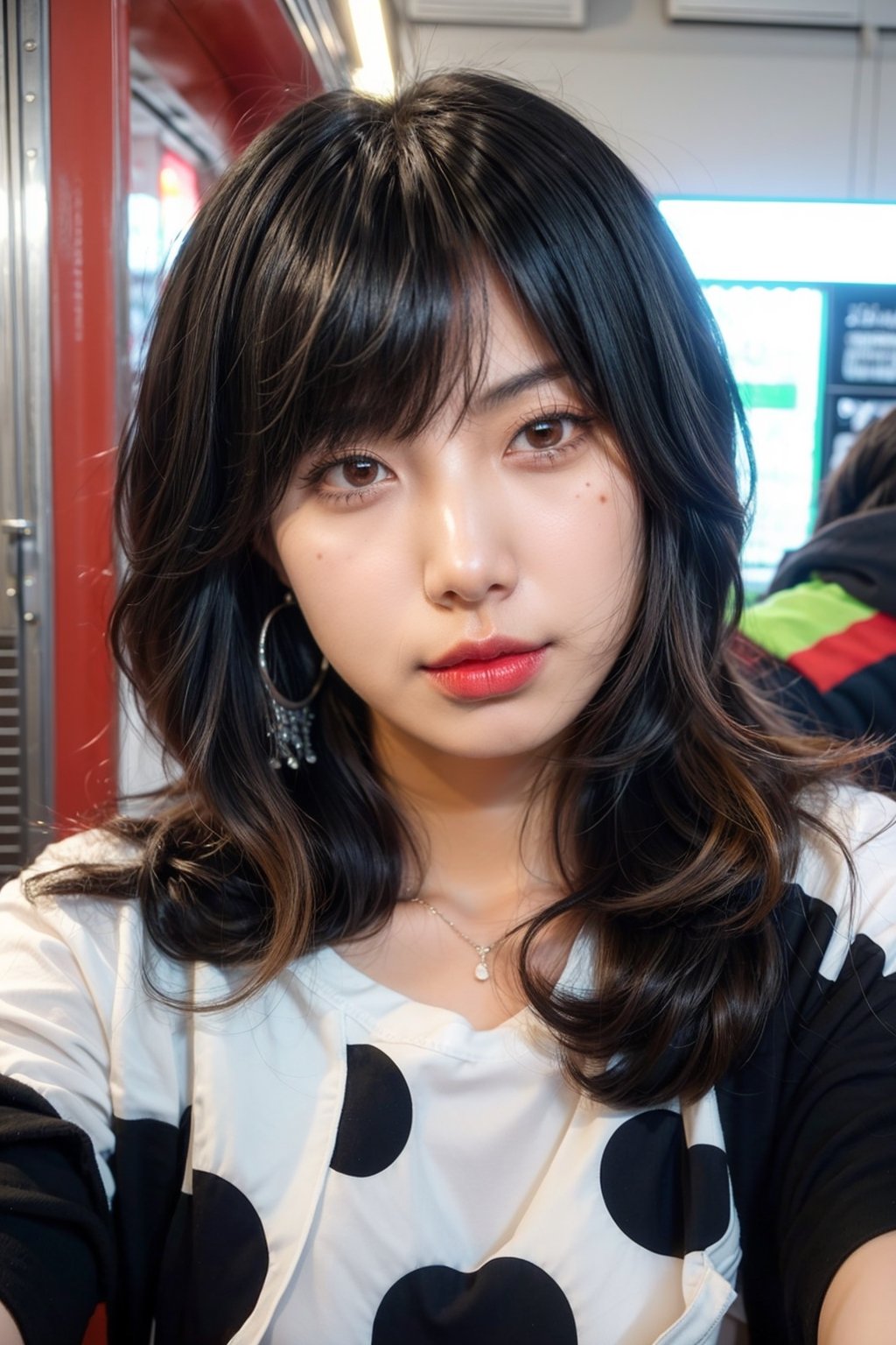 1girl, solo, looking at viewer, long hair, bangs, black hair, jewelry, closed mouth, upper body, earrings, blunt bangs, mole, english text, mole under eye, makeup, lipstick, portrait, eyeshadow, red lips
,Lily Feng