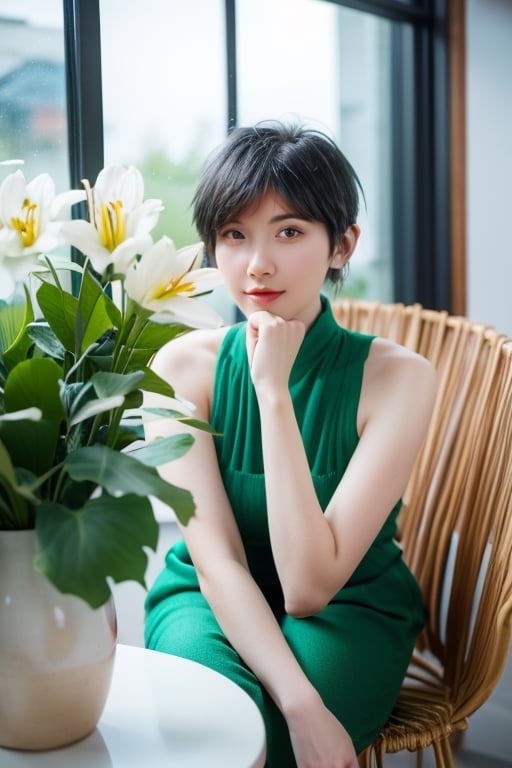 1girl, solo, ,masterpiece, high quality, highres, absurdres, high details,8k,HDR,raw photo,realistic, graceful,bokeh, shallow depth of field,aesthetic, elegant, ancient house,a polaroid photo, aestheticism,wear green sleeveless QiPao, (Black pixie cut Hair:1.3), graceful gestures,hands on face,beautiful eyes, high detail eyes, beautiful face, high detail face, high detail skin, beautiful hands, beautiful fingers, (full body:1.4), little Surprised look,
a woman sitting in front of a flower vase with purple flowers in it and a window behind her, reflection in Windows,
(looking at viewer:1.6),Lily Feng,better_hands