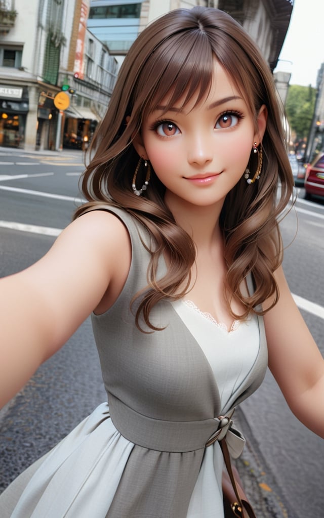 1girl, solo, long hair, looking at viewer, smile, brown hair, shirt, dress, brown eyes, jewelry, closed mouth, earrings, outdoors, sleeveless, bag, lips, ground vehicle, realistic, car, road, street, photo background,3D, magazine cover