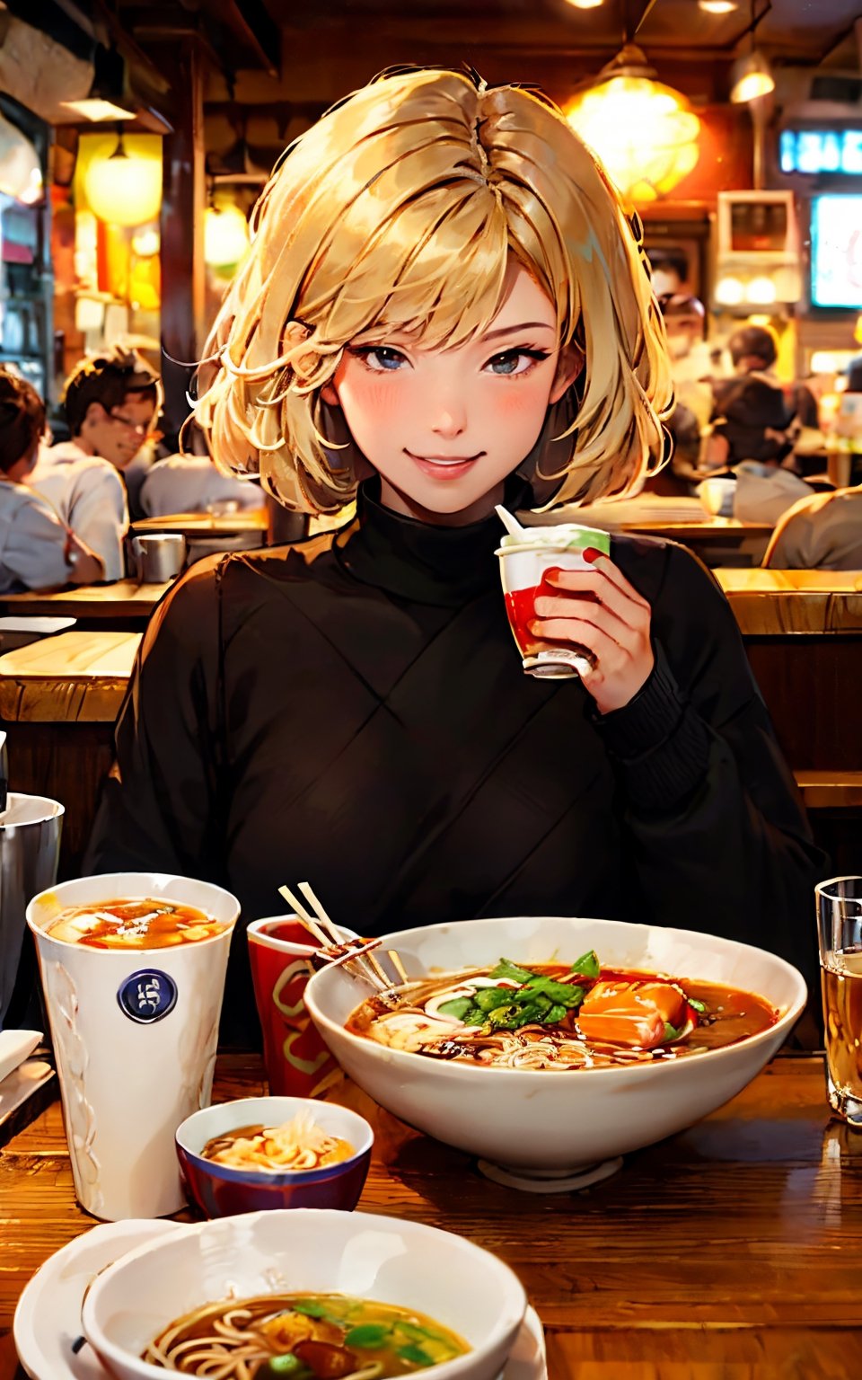 1girl, solo, looking at viewer, smile, short hair, bangs, blonde hair, brown hair, long sleeves, holding, sitting, upper body, food, teeth, indoors, grin, blurry, sweater, cup, lips, window, blurry background, turtleneck, chair, table, plant, bowl, drinking straw, chopsticks, turtleneck sweater, realistic, spoon, clock, black sweater, holding chopsticks, noodles, holding bowl, ramen, restaurant, wall clock,Lily Feng,lily