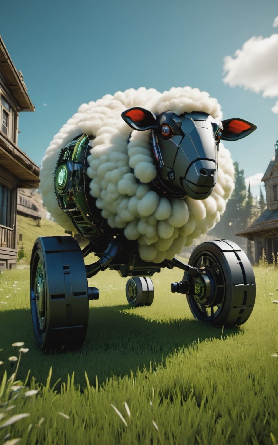 A sheep-like robot mowing the grass, Cyberpunk, Gothic, Unreal Engine, 3D  ,DonMSt34mPXL