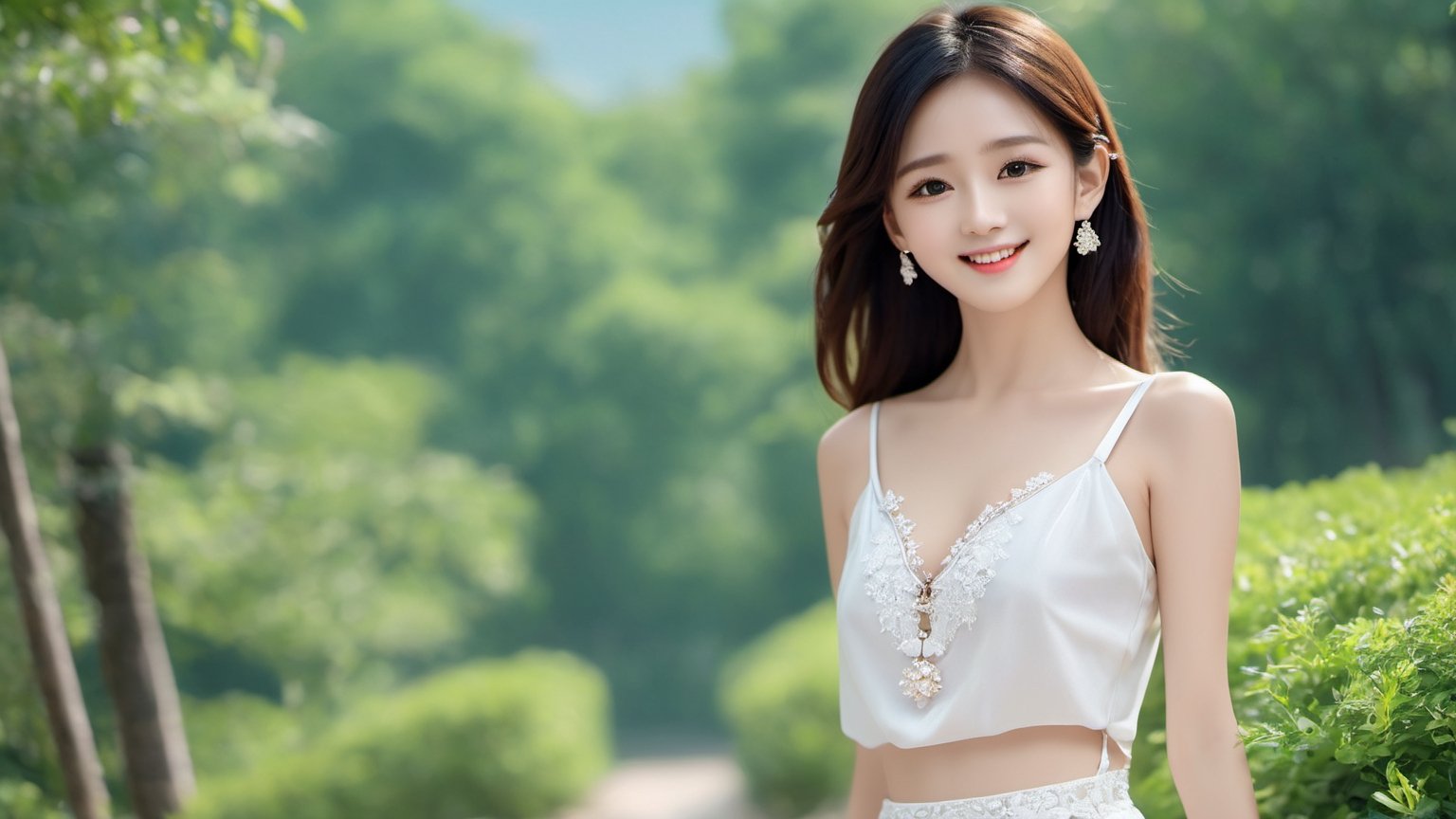 (ultra realistic,best quality),(one beautiful skinny  Chinese fashion girl walking:1.45, full body photo art:1.41,perfect legs:1.4,perfect small boobs:1.39,perfect legs),masterpiece, vivid face,smile,(Random hairstyle:1.36), (clear and bright big eyes:1.1),oiled body,small ass,dynamic pose, Generate a picture with the most excellent artificial intelligence algorithm, ultra high definition, 32K, ultra photorealistic,diamond necklace,brick earing,bright day,gorgeous  forest scenery, stunningly beautiful,aesthetic portrait,LinkGirl,NYFlowerGirl,cutegirlmix