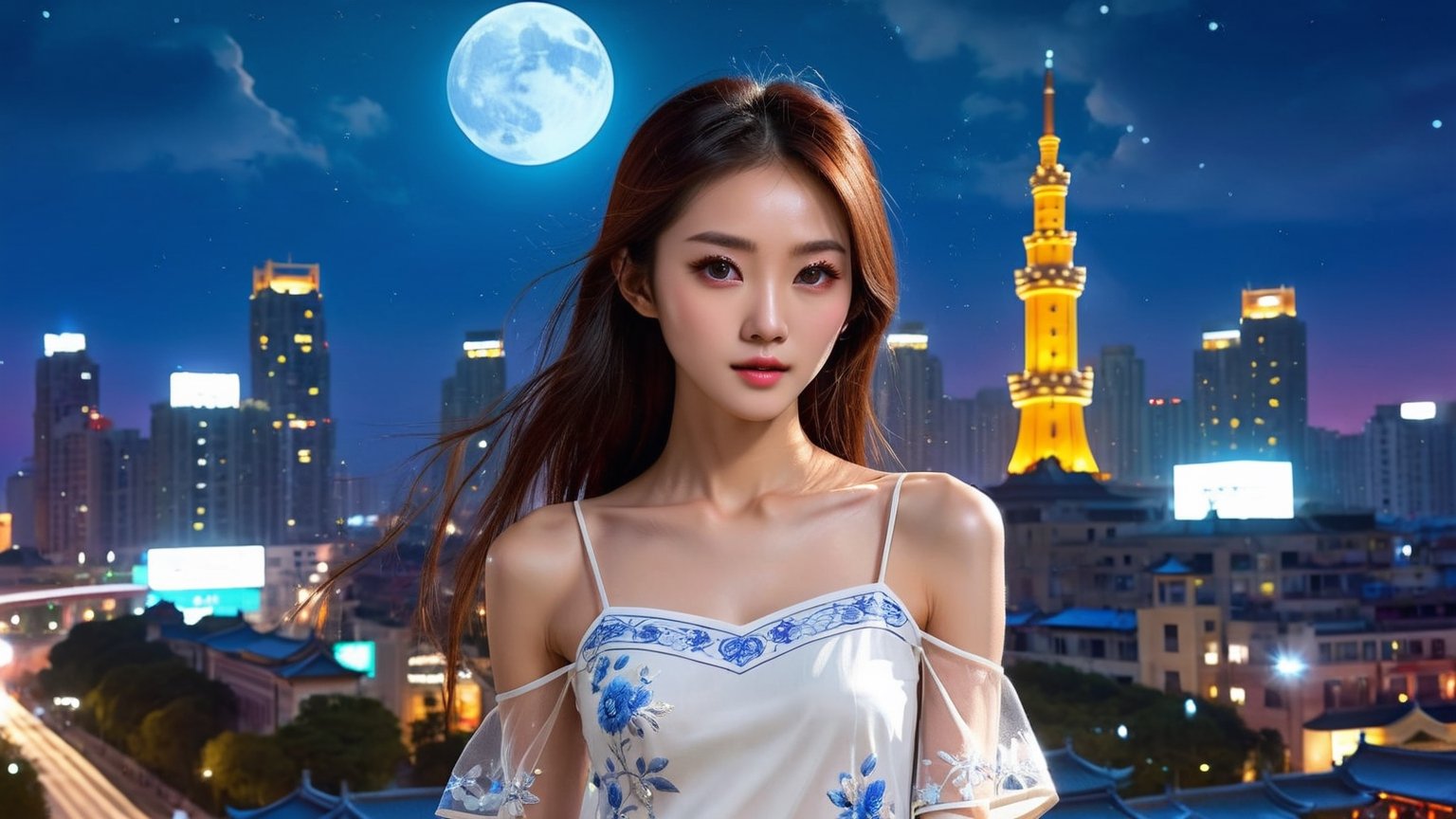 (realistic,best quality),(1 beautiful skinny Chinese girl in fashion clothes facing the audience:1.45, upper body photo art:1.41,masterpiece, vivid face,(messy:1.36), (clear and bright big eyes:1.1),dynamic pose, Generate a picture with the most excellent artificial intelligence algorithm, ultra high definition, 32K, ultra photorealistic,bright day,gorgeous moonlight scenery, stunningly beautiful,
