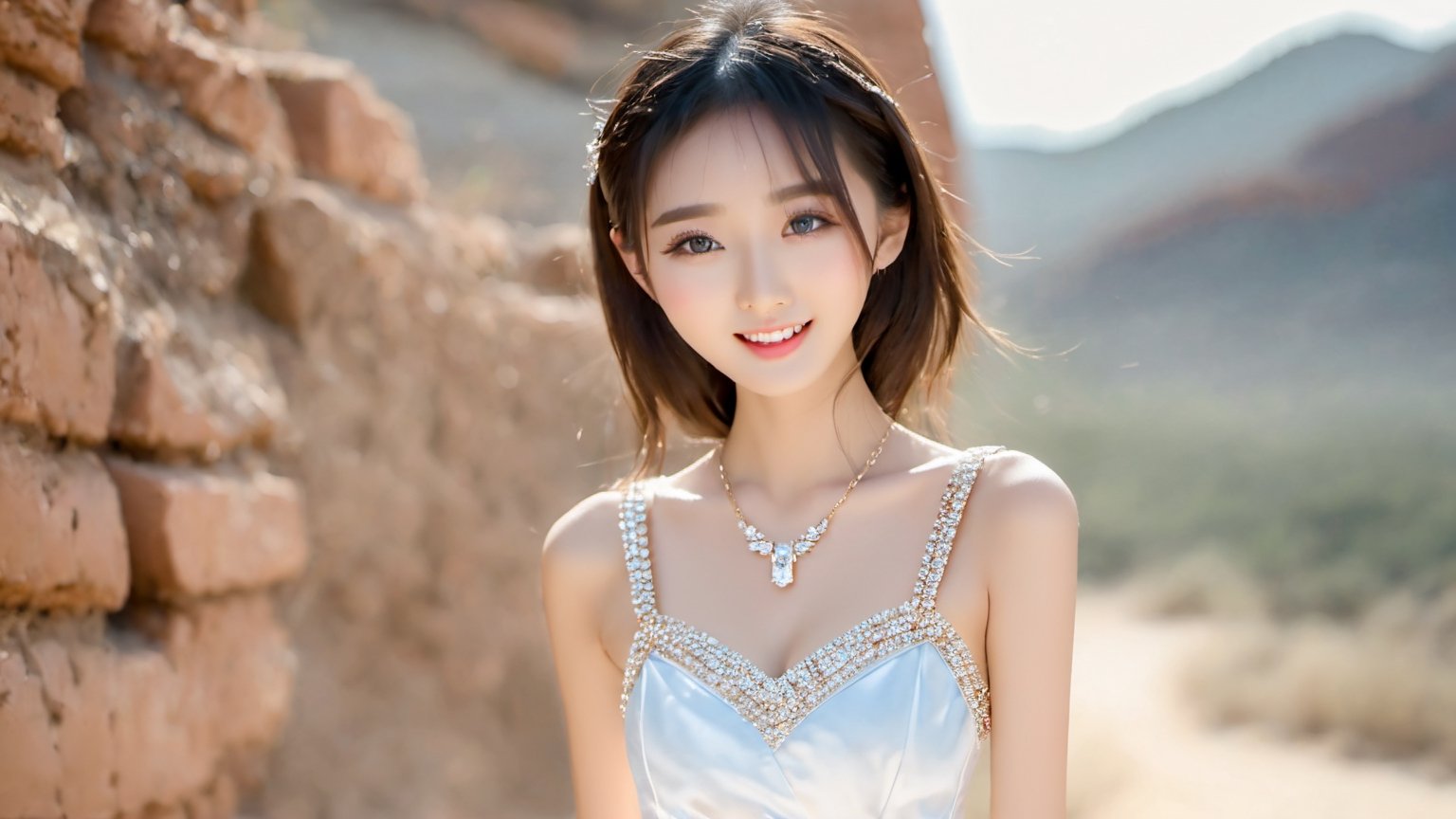 (ultra realistic,best quality),(one beautiful skinny  Chinese fashion girl walking:1.45, full body photo art:1.41,perfect legs:1.4,perfect small boobs:1.39,perfect legs),masterpiece, vivid face,smile,(Random hairstyle:1.36), (clear and bright big eyes:1.1),oiled body,small ass,dynamic pose, Generate a picture with the most excellent artificial intelligence algorithm, ultra high definition, 32K, ultra photorealistic,diamond necklace,brick earing,bright day,gorgeous  desert scenery, stunningly beautiful,