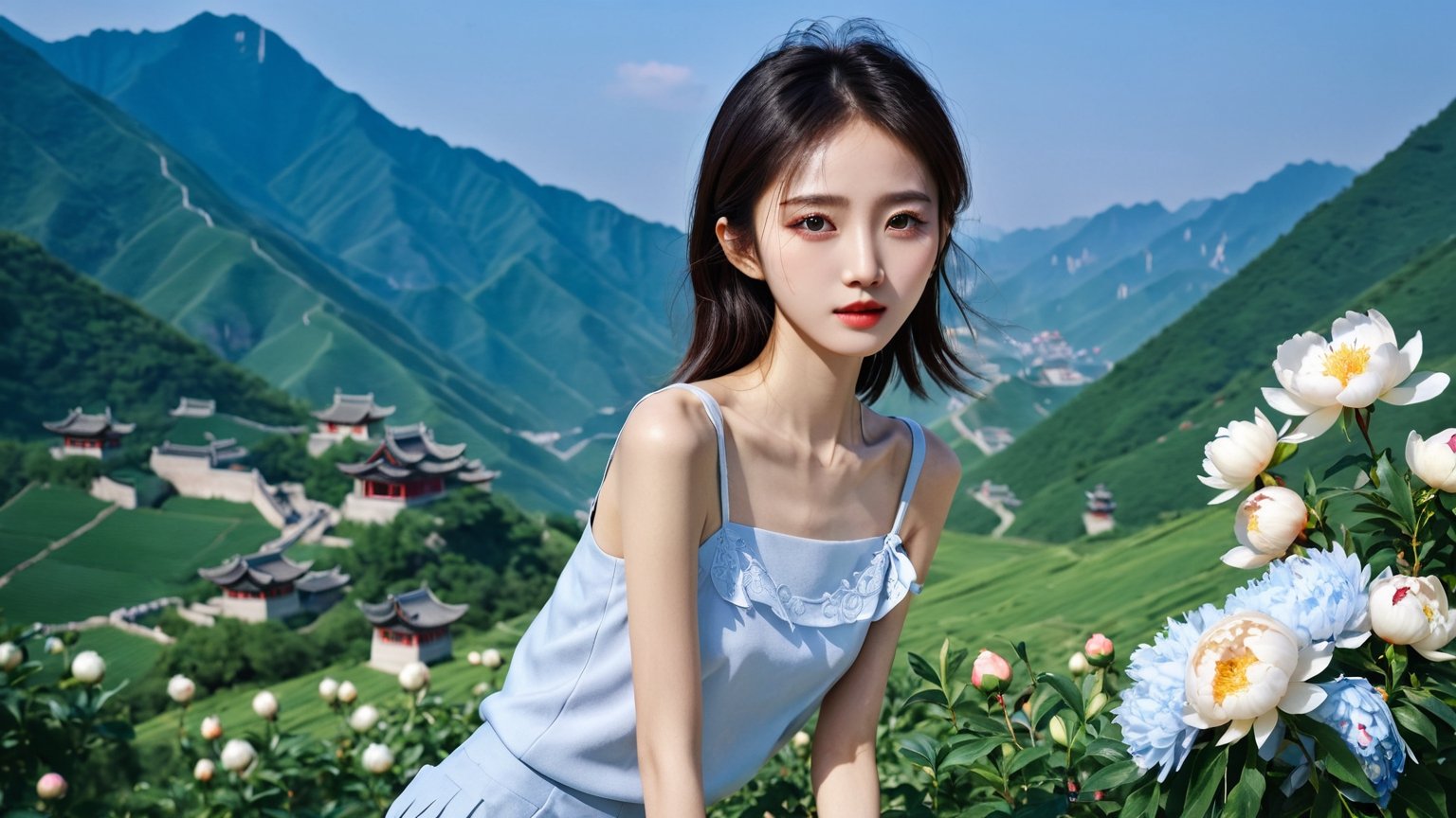 (realistic,best quality),(1 beautiful skinny Chinese girl in fashion clothes in various poses:1.45), (full_body shot:1.41),( messy :1.36), (clear and bright big eyes:1.1),masterpiece, vivid face,oiled body,dynamic pose, Generate a picture with the most excellent artificial intelligence algorithm, ultra high definition, 32K, ultra photorealistic,bright day, peony 
 scenery background, stunningly beautiful,FilmGirl