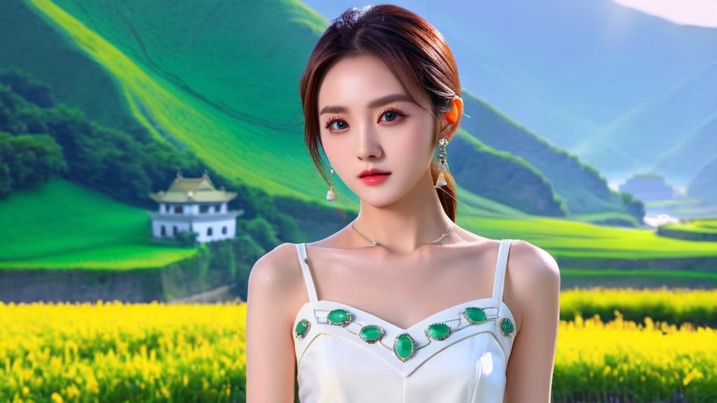(realistic,best quality),(1 beautiful skinny Chinese girl in fashion clothes facing the audience:1.45, upper body photo art:1.41,masterpiece, vivid face,(messy:1.36), (clear and bright big eyes:1.1),oiled body,dynamic pose, Generate a picture with the most excellent artificial intelligence algorithm, ultra high definition, 32K, ultra photorealistic,((jadeite necklace:1.3,brick earing)),bright day,gorgeous Chinese scenery, stunningly beautiful,