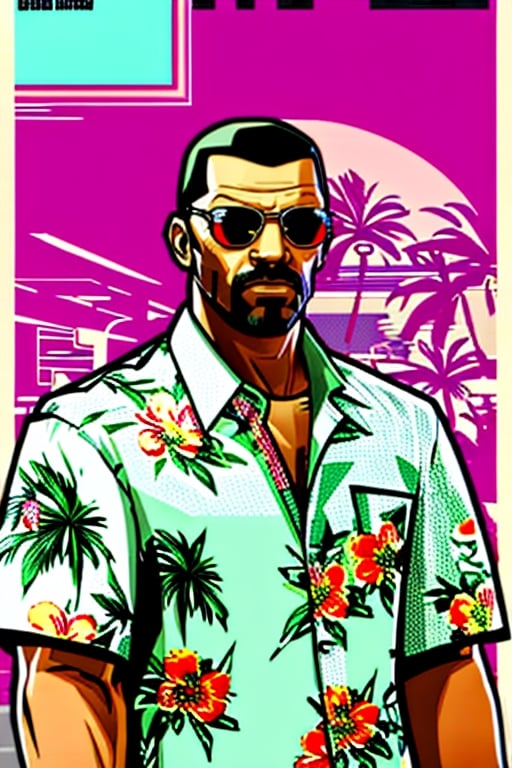 1Man, floral shirt, gta vice city style, poster game, masterpiece, high_resolution