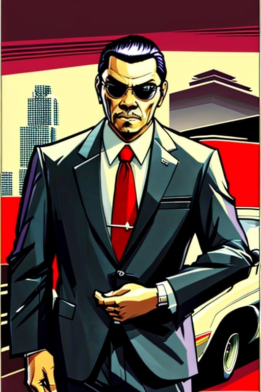 Man, Indonesian, Bussines suit, gta vice city style, poster game, masterpiece, high_resolution