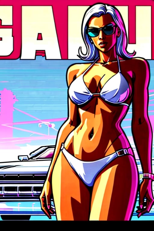 1Woman, white bikini, supermodel, gta vice city style, poster game, masterpiece, high_resolution