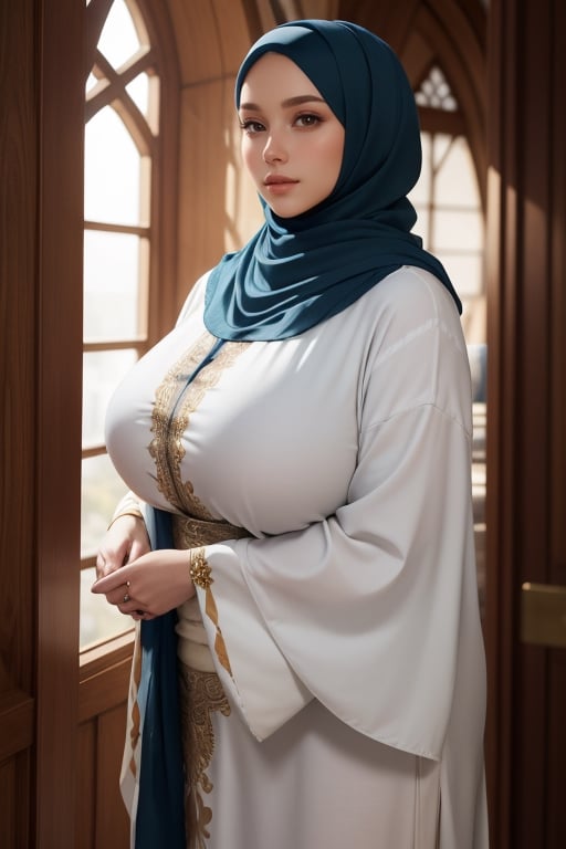 (masterpiece), 1woman, beautiful face, milf, ((wearing hijab, kaftan)), clear background, see at viewer, halfbody shot, realistic, high quality, high resolution, 4K, 1080P