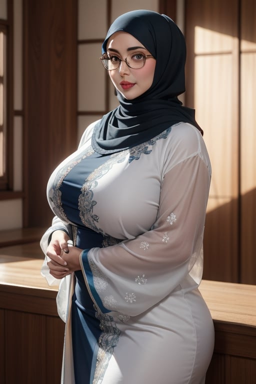 (masterpiece), 1woman, beautiful face, (detailed face), milf, ((wearing hijab, wear glasses, kaftan)), clear background, see at viewer, halfbody shot, realistic, high quality, high resolution, 4K, 1080P