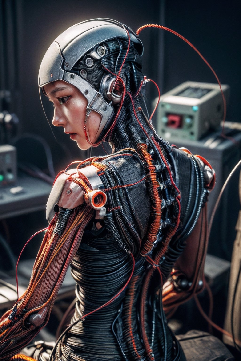 (((masterpiece))), (((best quality))), ((ultra-detailed)), (highly detailed CG illustration), ((an extremely delicate and beautiful)),(cute delicate face),cinematic light,((1mechanical girl)),solo,full body,(machine made joints:1.4),((machanical limbs)),(blood vessels connected to tubes),((mechanical vertebra attaching to back)),((mechanical cervial attaching to neck)),((sitting)),expressionless,(wires and cables attaching to head and body:1.5),(character focus),science fiction,mecha \(mjstyle\)