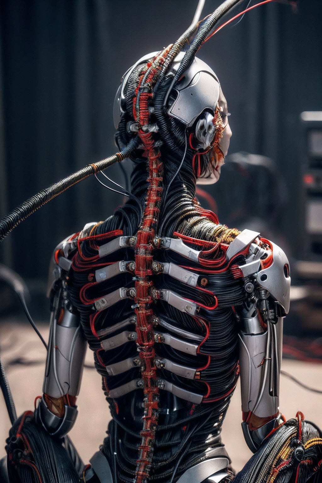 (((masterpiece))), (((best quality))), ((ultra-detailed)), (highly detailed CG illustration), ((an extremely delicate and beautiful)),(cute delicate face),cinematic light,((1mechanical girl)),solo,full body,(machine made joints:1.4),((machanical limbs)),(blood vessels connected to tubes),((mechanical vertebra attaching to back)),((mechanical cervial attaching to neck)),((sitting)),expressionless,(wires and cables attaching to head and body:1.5),(character focus),science fiction,mecha \(mjstyle\)