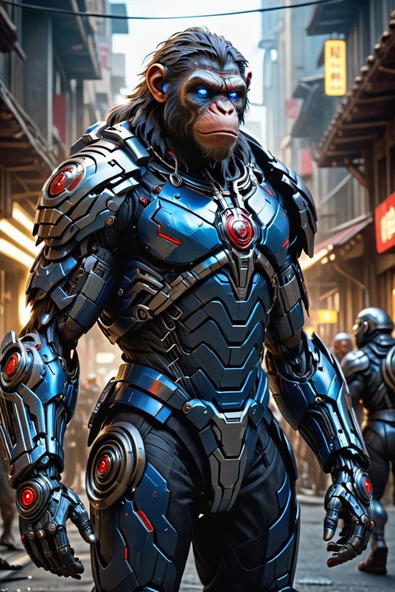 (8k uhd, masterpiece, best quality, high quality, absurdres, ultra-detailed, detailed background, centralized, full-body portrait), Cyborg version of (cesar character of planet of the apes movie). sole_male, anthropomorphic monkey, black fur, red eyes, chest logo should be caesar's logo in the movie, muscular, divine, charismatic, mischievous. | A perfect mashup betweenplanet of the apes's caesar and a futuristic cyborg. | (((mixed blue-silver colored theme))). cables, gears, in place of the muscles and hairs, ((glowing eyes, 
Luminous_iris )), detailed facial expressions, ((H.R.Geiger)), intricate details,, 
dynamic lighting, bokeh.,EpicSky,cyborg style,HellAI,cyborg,android,hdsrmr