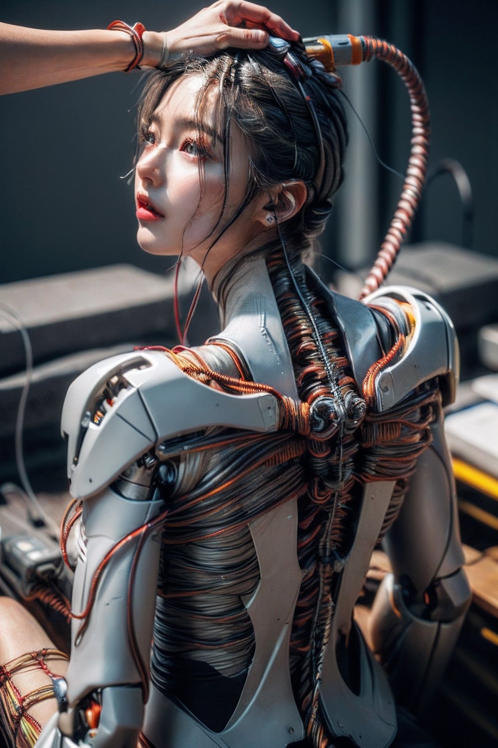 (((masterpiece))), (((best quality))), ((ultra-detailed)), (highly detailed CG illustration), ((an extremely delicate and beautiful)),(cute delicate face),cinematic light,((1mechanical girl)),solo,full body,(machine made joints:1.4),((machanical limbs)),(blood vessels connected to tubes),((mechanical vertebra attaching to back)),((mechanical cervial attaching to neck)),((sitting)),expressionless,(wires and cables attaching to head and body:1.5),(character focus),science fiction,mecha \(mjstyle\)