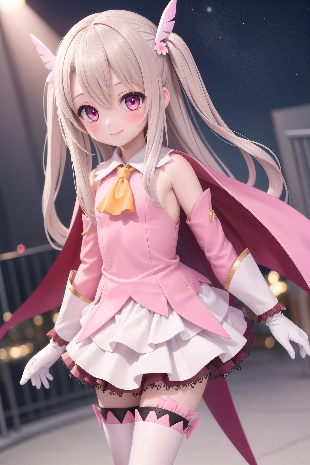 masterpiece,best quality,1girl, blush, smile,(loli:1.5),flat_chest, standing,full_body,aaillya, long hair, two side up,hair ornament,magical girl, cape, yellow ascot,pink dress, sleeveless, detached sleeves,white gloves, white skirt,pink thighhighs,