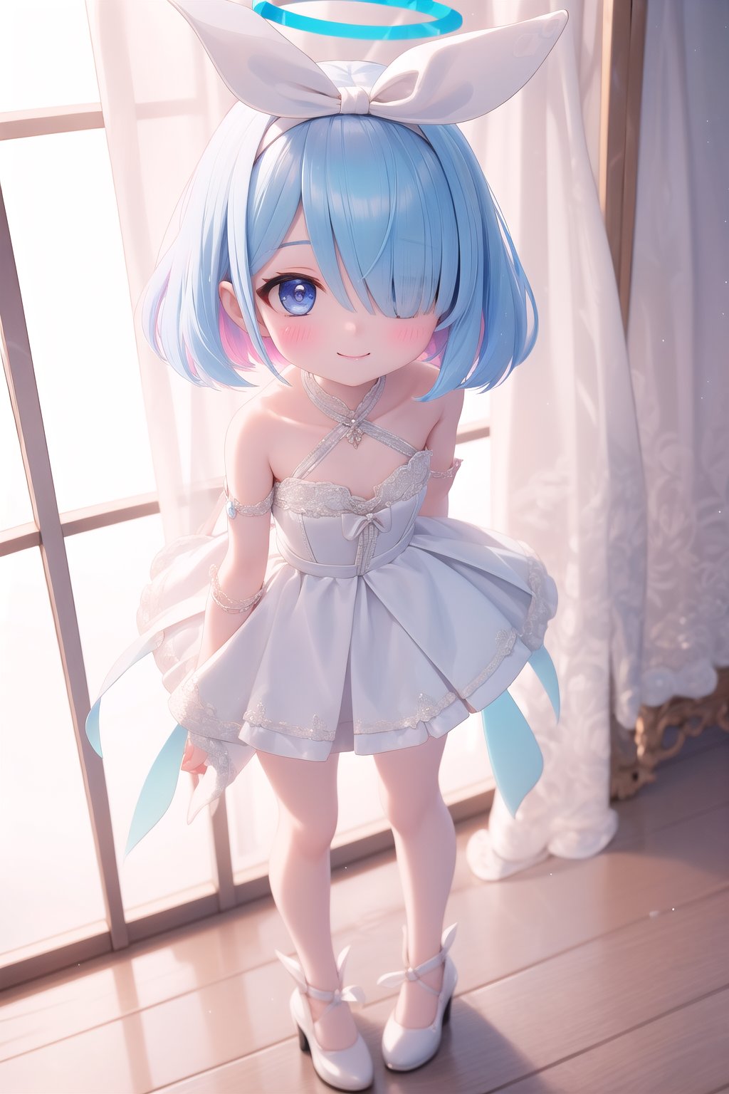 masterpiece,best quality,loli,1 girl, blush, smile,flat chest, standing,arona (blue archive),blue hair,short hair,hair over one eye,halo,hairband,More Detail,full_body,