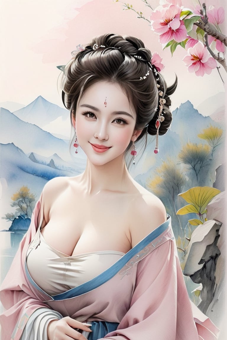 Bare breasts. Huge breasts. Pink nipples. Wende. Pencil, watercolor, nature landscape background, Gabrielle del Alto, pencil drawing of smiling, ceramic girl portrait, Leonardo style, Leonardo style. Chinese style.unde