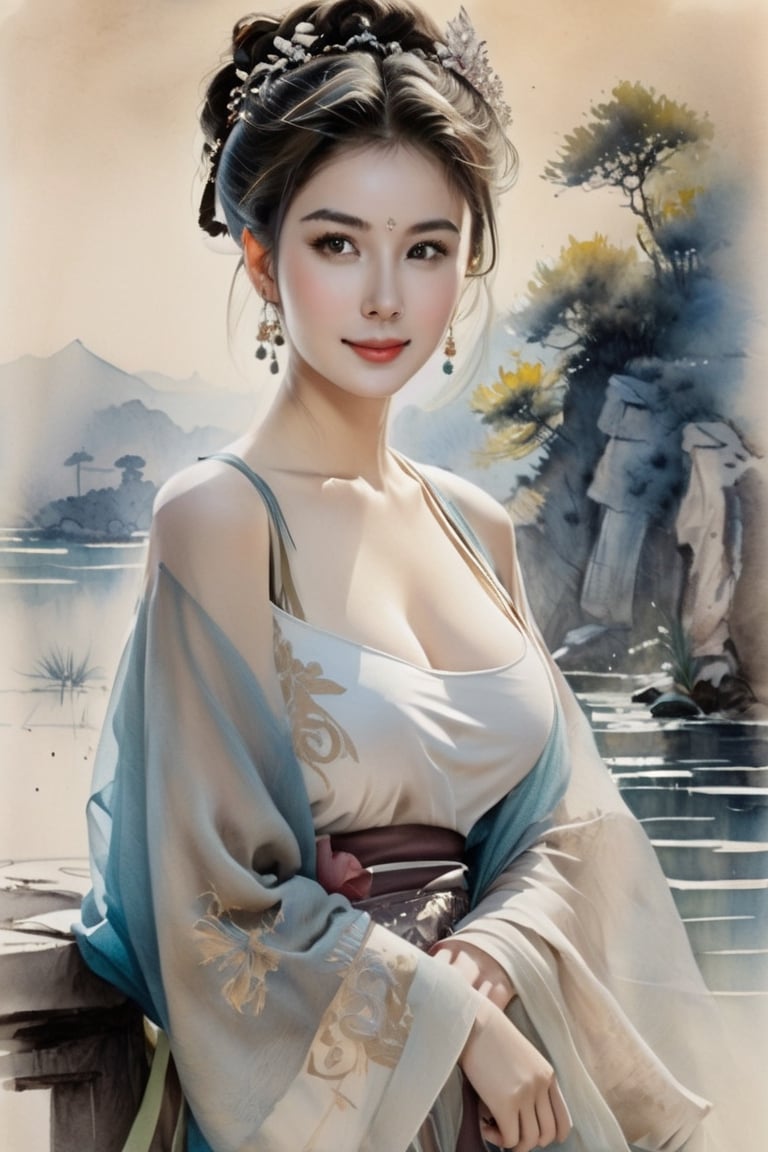 unde.Bare breasts. Huge breasts. Unde. Portrait of girl wearing organza skirt, pencil, watercolor, nature landscape background, Gabriele Dell'otto, smiling 'pencil sketch, ceramic girl portrait, Leonardo style, Leonardo style. Chinese style.unde