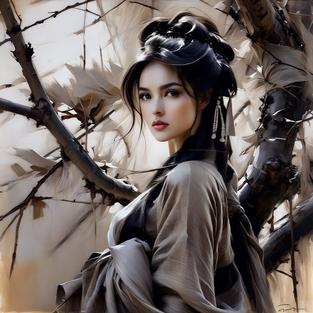 background - rough burlap, relief, oil painting, thin and smooth lines, long strokes, light and delicate tones, sharp contours. nest on a tree branch with a beautiful young China girl inside, cinematic quality +36.5 mm f0, + style Anna Razumovskaya, Casey Baugh, Antonio Mora, Aminolla Rezai, Giovanni Boldini,monochrome,dripping paint